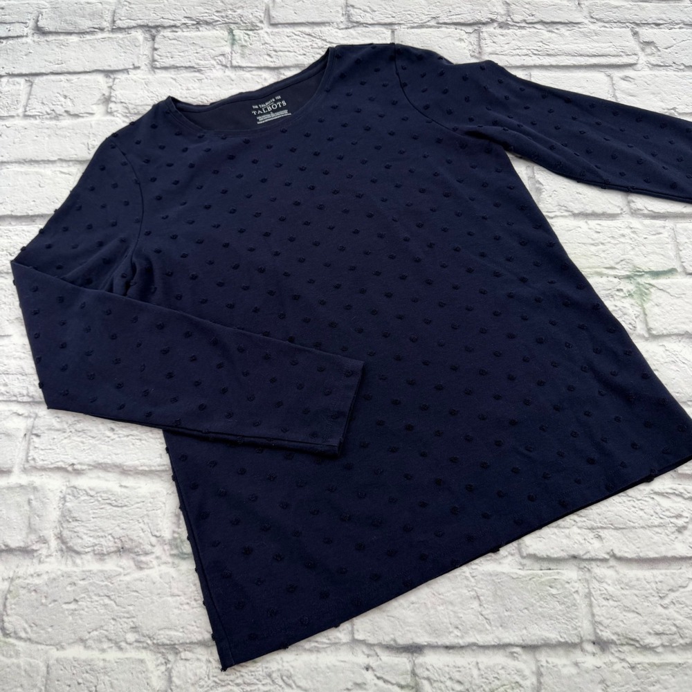 Talbots Tee Womens Small Dark Blue Long Sleeve Crewneck Clip Dot Textured Shirt
